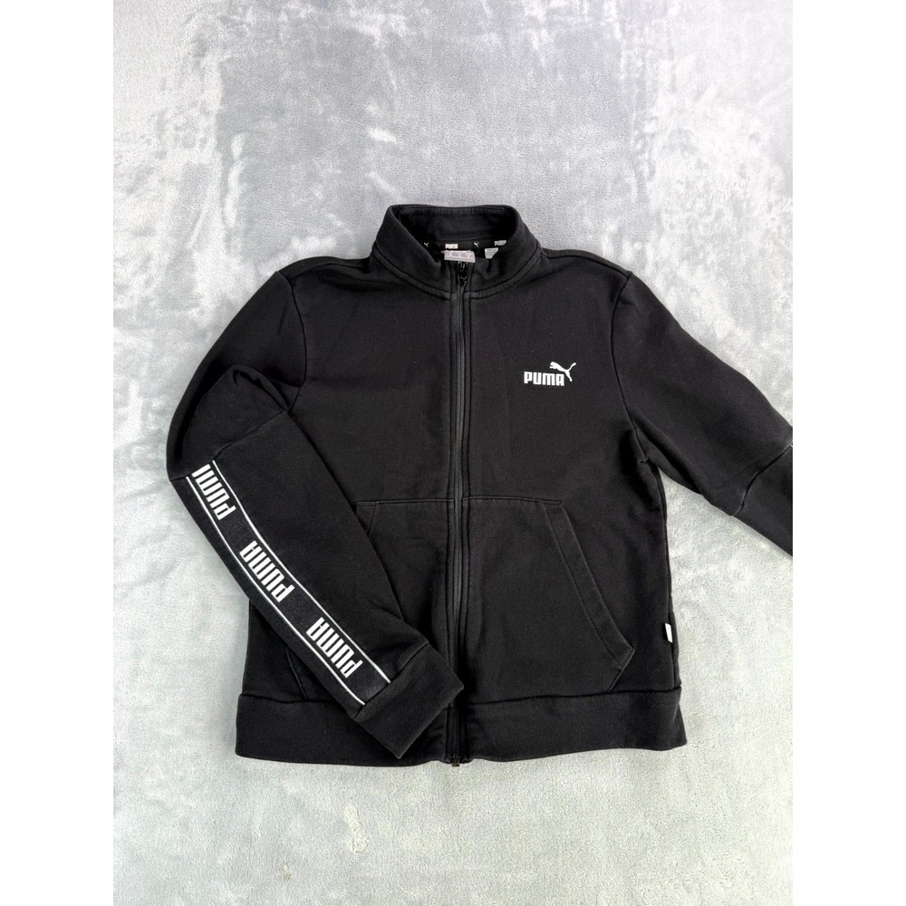 PUMA Track Jacket Men Medium Black Knit Cotton Logo Tape Sleeve High Neck Zip Up